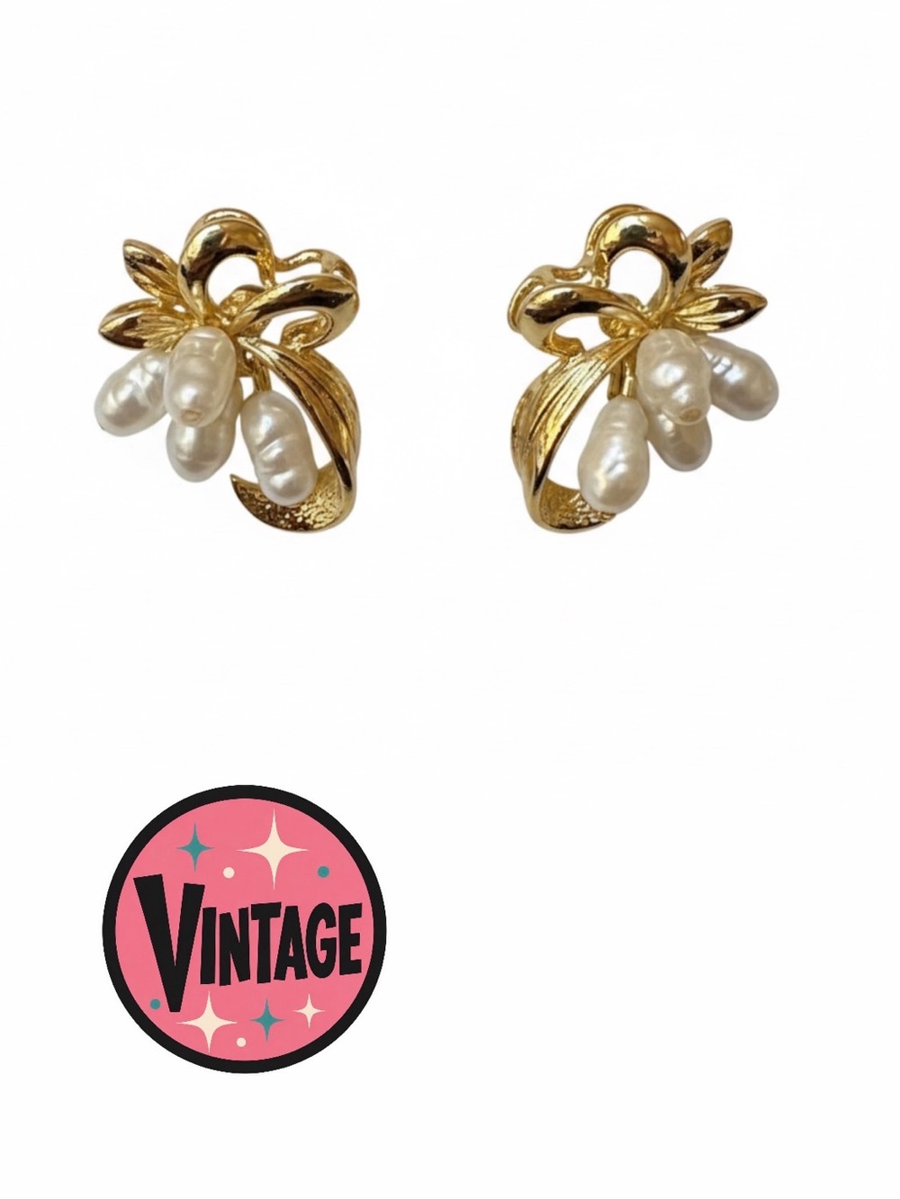 Vintage Gold Tone Rice Pearl Cluster Post Earrings - Excellent Condition
